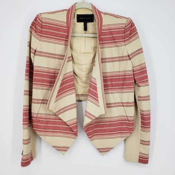 BCBGMaxazria Striped Abbey Blazer XS Asymmetrical Open Front 100% Cotton Tan Red - Picture 2 of 11